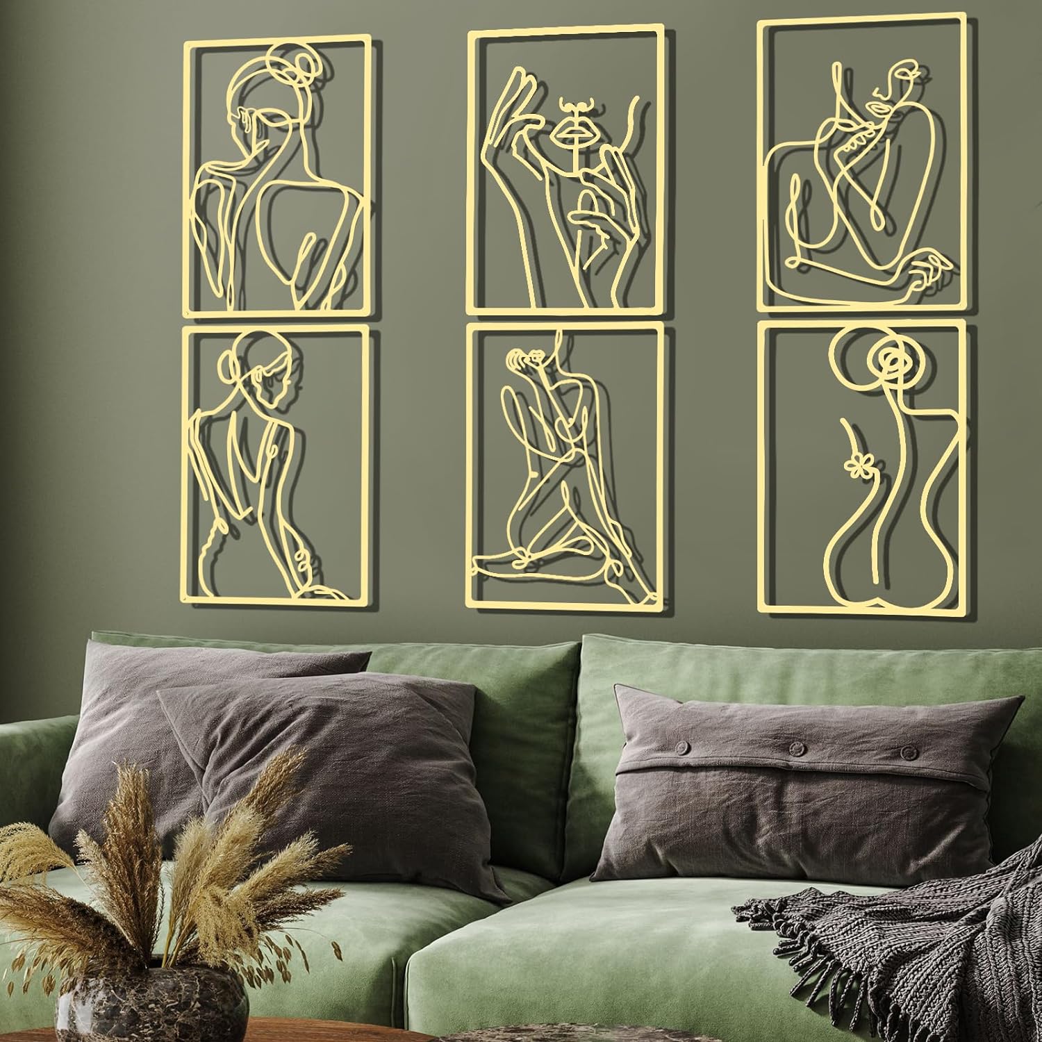 6 Pcs Metal Wall Decor Metal Abstract Woman Wall Art Modern Decor Aesthetic Hanging Art Large Single Line Wall Sculpture for Home Bedroom Living Room (Gold)