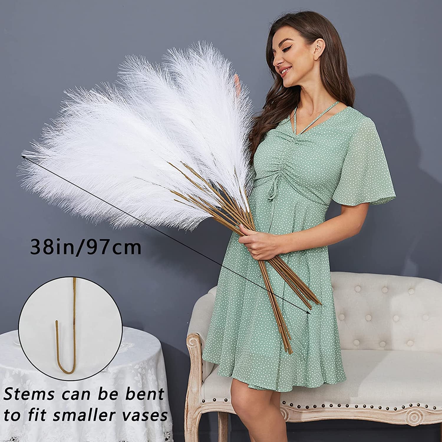 8 PCS Faux Pampas Grass Decor 38"/3.1FT Tall Fake Pompas Floral Large Artificial Pompous Grass Branches Plants for Floor Vase Filler Home Boho Decor (White)