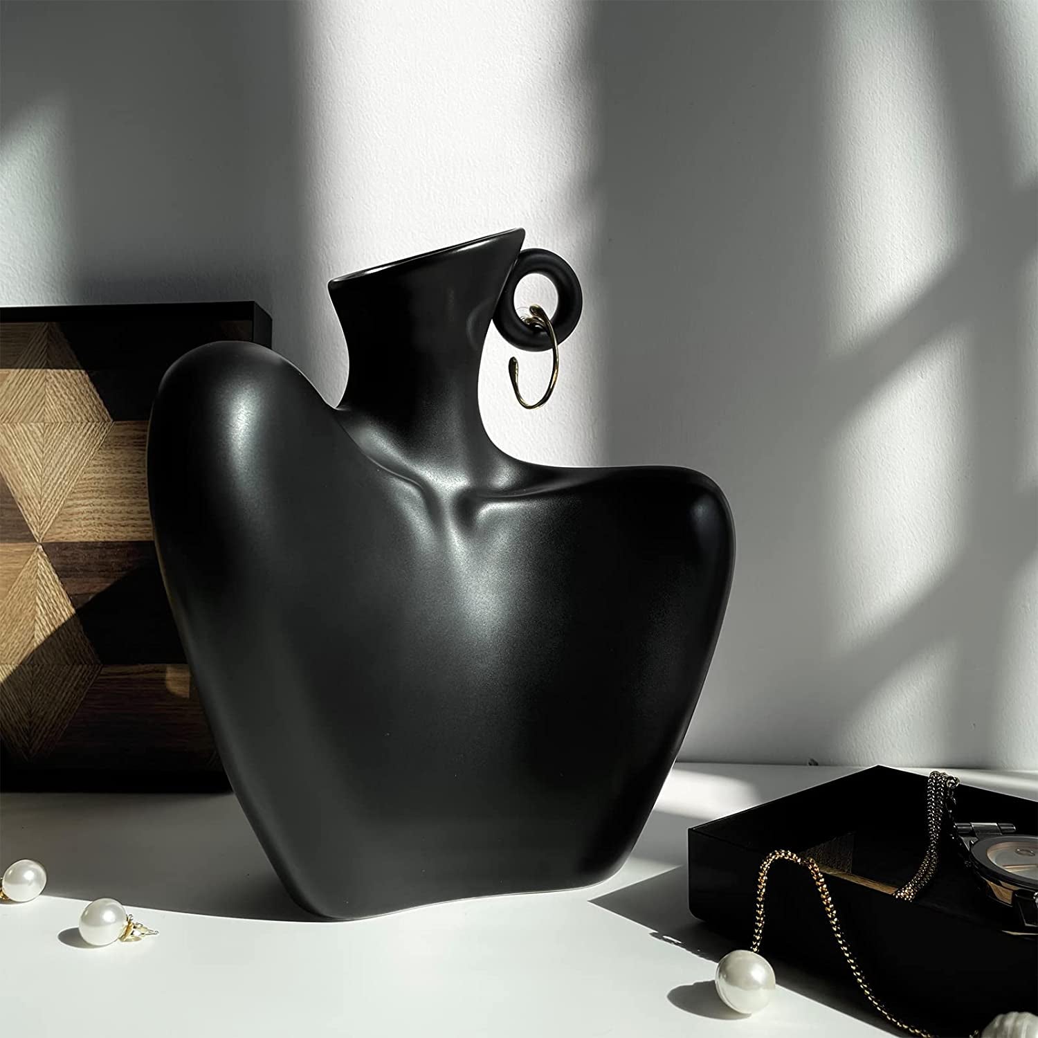 Minimalist Small Ceramic Flower Vase Black Body Statue for Home Decor