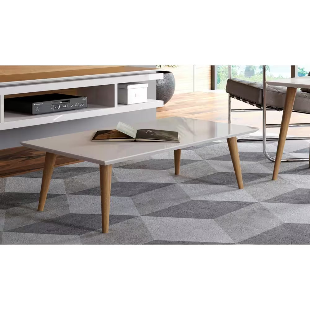 Utopia 41 In. Off-White/Maple Cream Large Rectangle Wood Coffee Table with Splayed Legs