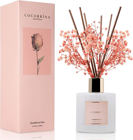 Cocorrína Premium Reed Diffuser Set with Preserved Baby'S Breath & Cotton Stick Sandalwood Rose | 6.7Oz Scent Fragrance Oil Diffuser for Bedroom Bathroom Living Room Home Décor
