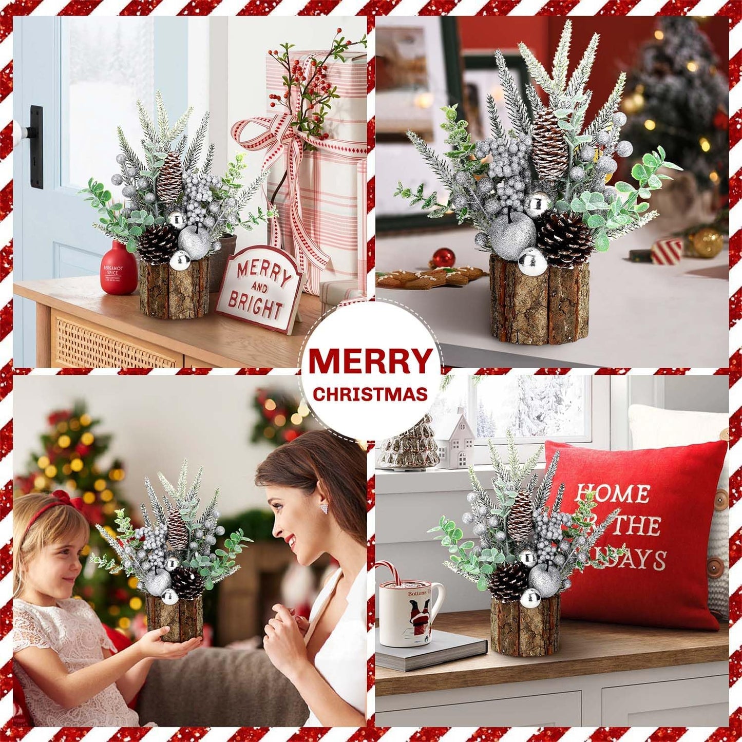 Small Christmas Tree Tabletop Artificial Mini Christmas Tree Decorations with Holiday Ornaments Red Berry Pine Cone Greenery for Home Indoor Fireplace Mantel Xmas Decor (Tree Stump-Silver)