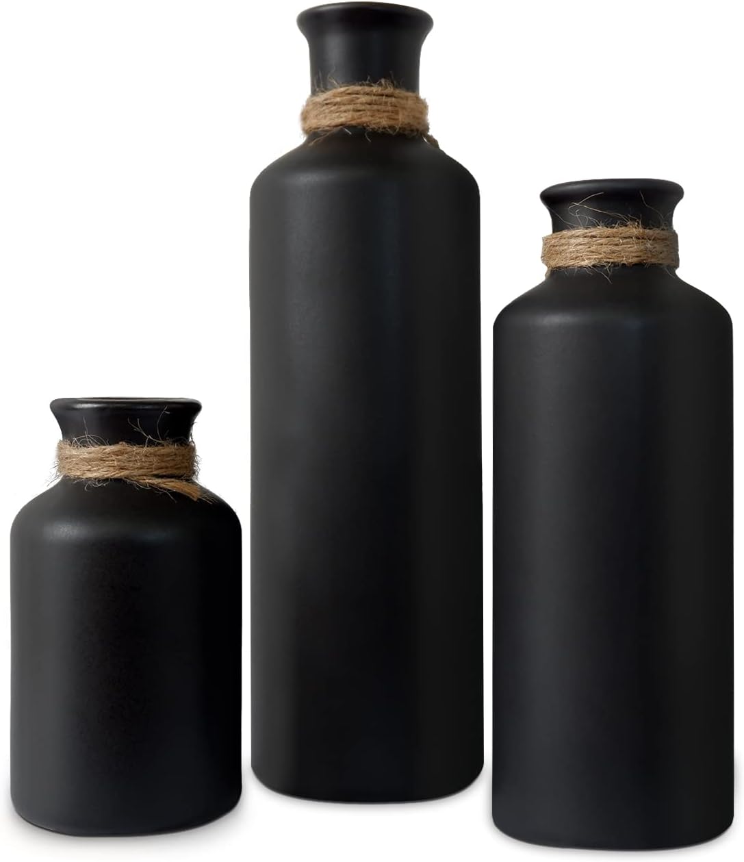 Matte Black Ceramic Vase Set, 3 Small Rustic Decorative Vases for Modern Farmhouse Office Home Decor, Living Room Centerpieces Decoration, Flower Vases for Table Mantel Entryway Shelves Decor
