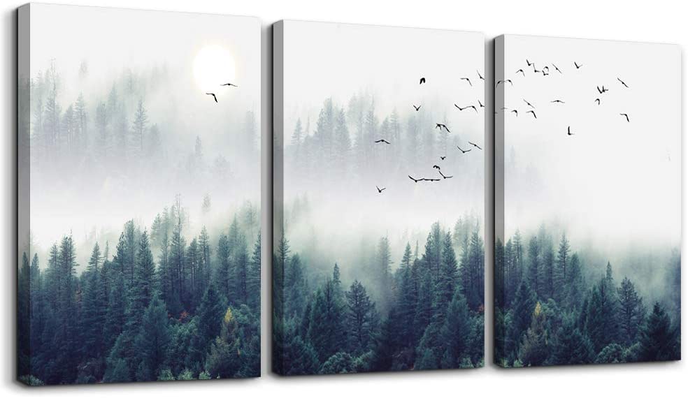 3 Piece Canvas Wall Art for Living Room- Wall Decorations for Bedroom Foggy Forest Trees Landscape Painting- Modern Home Decor Stretched and Framed Ready to Hang Pictures- 12"X16"X3 Panels Wall Decor