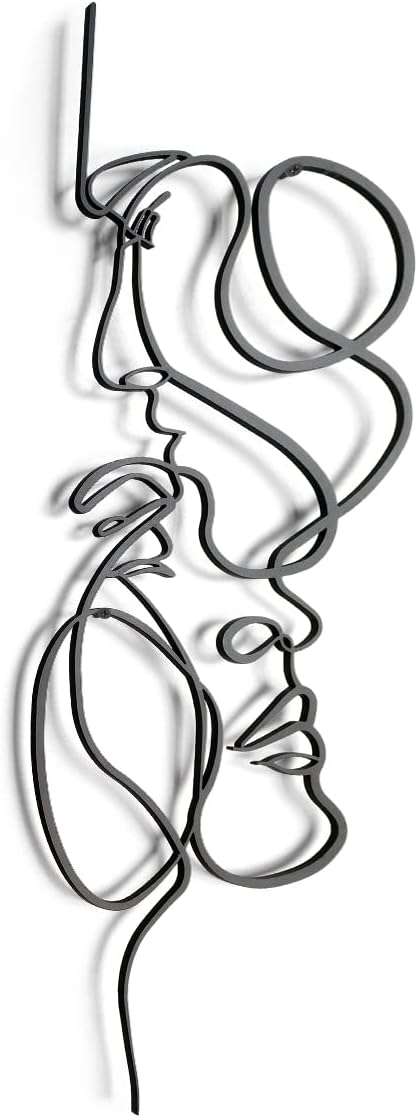 Metal Wall Art for Bedroom Minimalist Design Wall Sculptures Decor Lovers Kissing Line Artwork Home Living Room Bathroom Decorative (Black, 7" X 20")