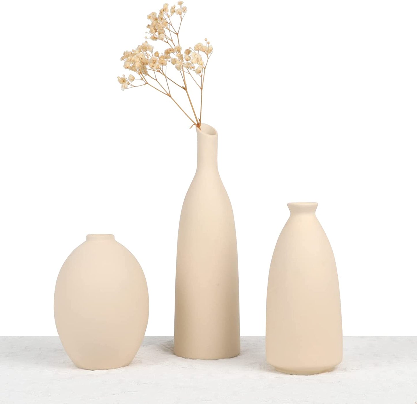 Ceramic Vase for Decor, Small Pampas Grass Flower Vases for Dining Table, Entryway, Shelf, Mantle, Centerpieces, Boho Living Room, Modern Farmhouse and Neutral Home Decor - Beige, Set of 3