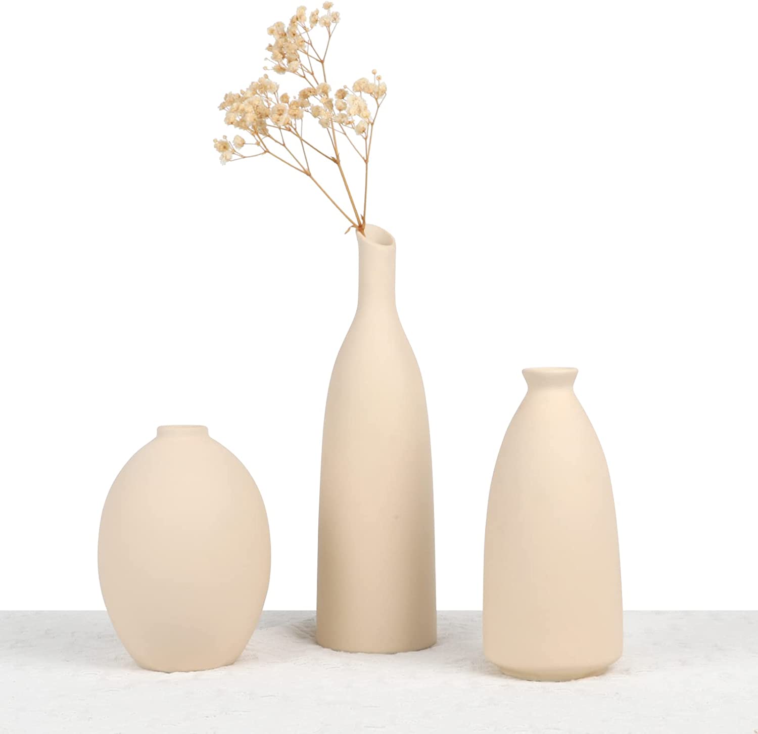 Ceramic Vase for Decor, Small Pampas Grass Flower Vases for Dining Table, Entryway, Shelf, Mantle, Centerpieces, Boho Living Room, Modern Farmhouse and Neutral Home Decor - Beige, Set of 3