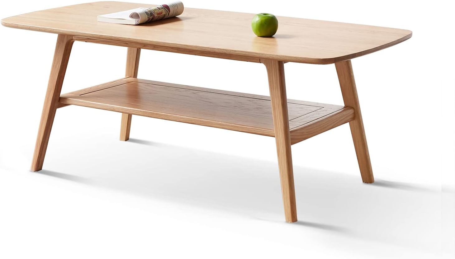 Mid-Century Modern 2-Tier Coffee Table with Storage Shelf, Natural Color 100% Solid Wood Table for Living Room, Elegant Furniture for Small Apartment (Natural, 39.37“ X 19.69” X 17.32“)