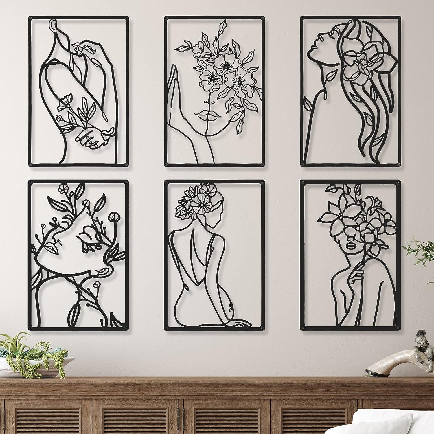 6 Pieces Black Metal Wall Decor Modern Minimalist Abstract Woman Wall Art Aesthetic Female Wall Sculpture Line Drawing Hanging Art Minimalist Decor for Kitchen Bedroom Bathroom Living Room Wall Decor