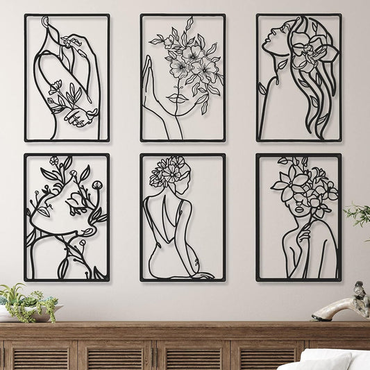 6 Pieces Black Metal Wall Decor Modern Minimalist Abstract Woman Wall Art Aesthetic Female Wall Sculpture Line Drawing Hanging Art Minimalist Decor for Kitchen Bedroom Bathroom Living Room Wall Decor