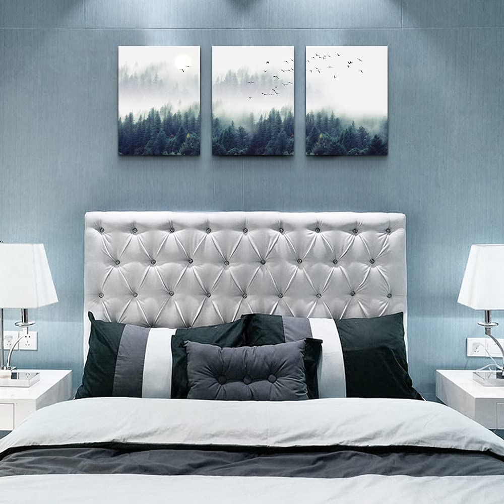 3 Piece Canvas Wall Art for Living Room- Wall Decorations for Bedroom Foggy Forest Trees Landscape Painting- Modern Home Decor Stretched and Framed Ready to Hang Pictures- 12"X16"X3 Panels Wall Decor