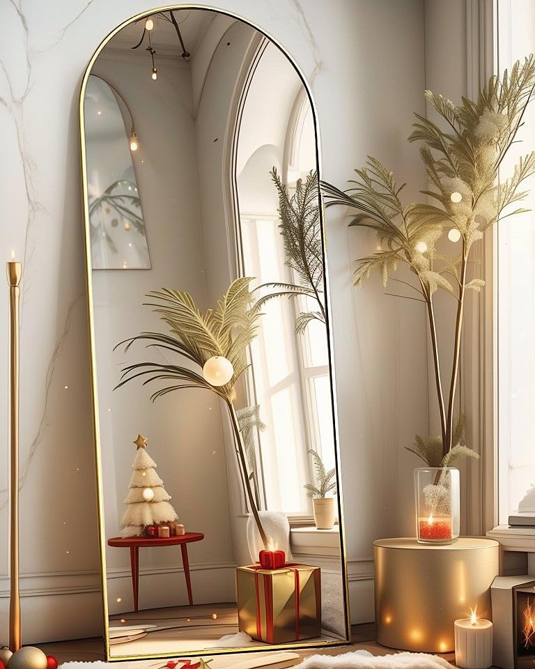Full Length Mirror 64"×21", Arched Floor Mirror, Full Body Mirror, Freestanding, Aluminum Alloy Frame, Wall Mirror for Bedroom, Dressing Room,Gold