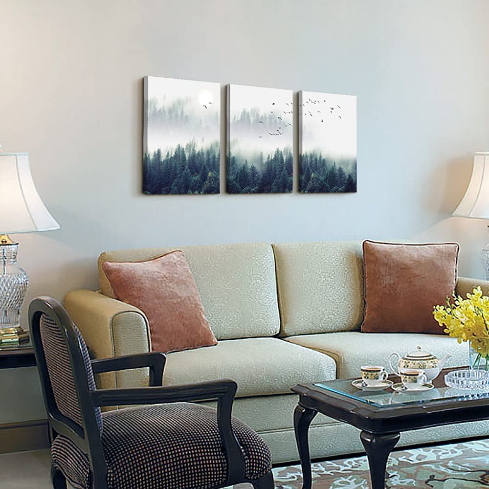3 Piece Canvas Wall Art for Living Room- Wall Decorations for Bedroom Foggy Forest Trees Landscape Painting- Modern Home Decor Stretched and Framed Ready to Hang Pictures- 12"X16"X3 Panels Wall Decor