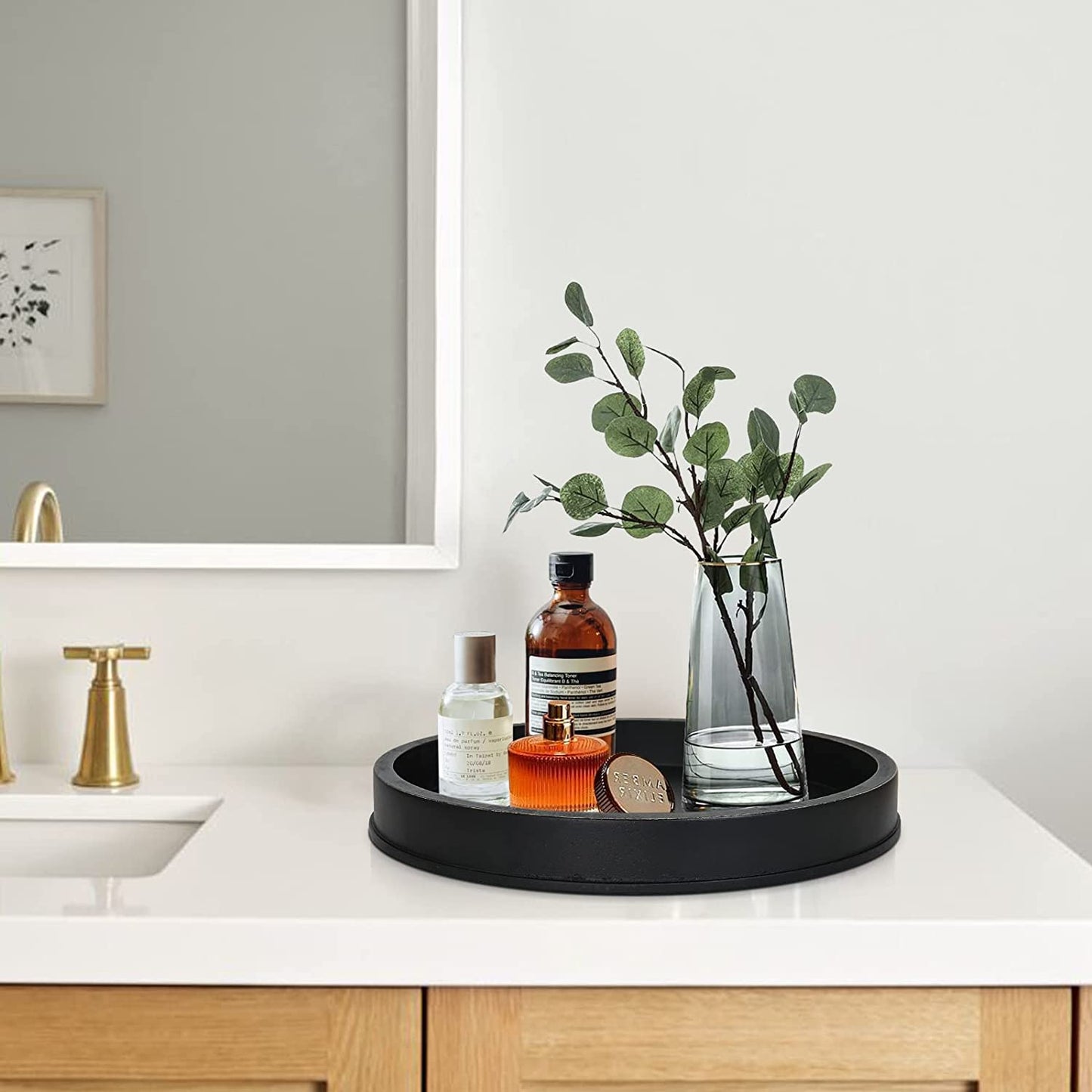 Black Decorative Tray for Coffee Table Centerpieces,Black round Decorative Serving Tray,Wood Tray Decor Modern Farmhouse Home Decorations round Coffee Table Tray Farmhouse Kitchen Countertop…