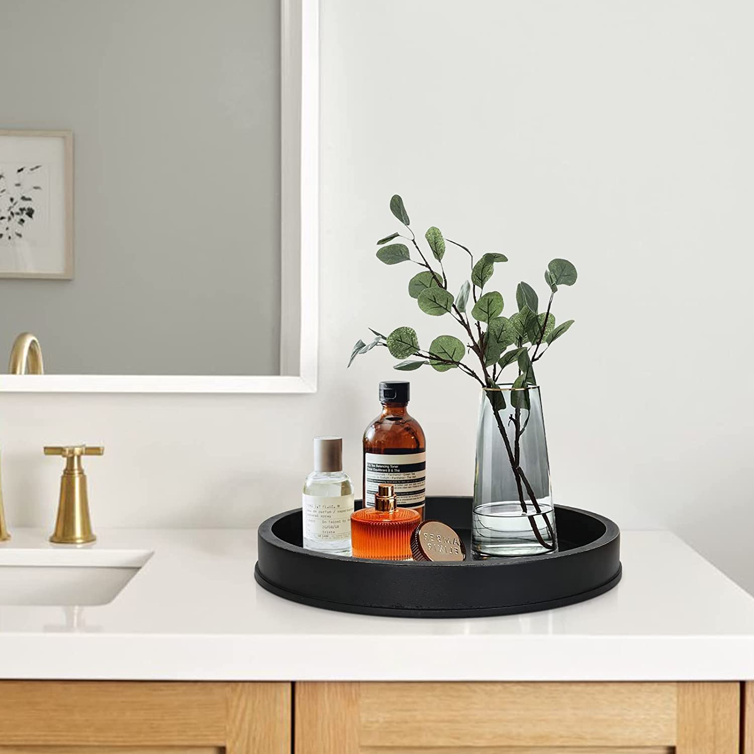 Black Decorative Tray for Coffee Table Centerpieces,Black round Decorative Serving Tray,Wood Tray Decor Modern Farmhouse Home Decorations round Coffee Table Tray Farmhouse Kitchen Countertop…