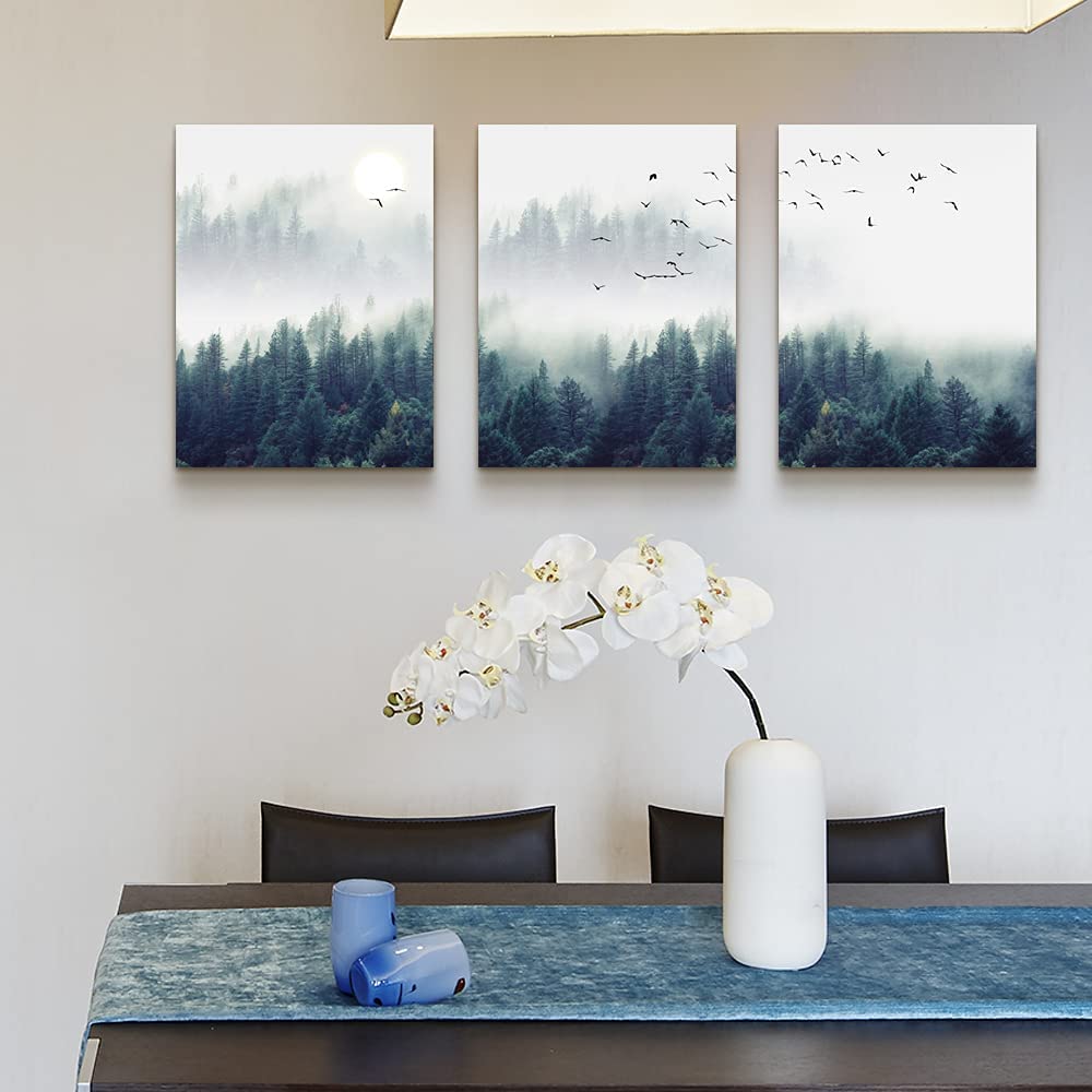 3 Piece Canvas Wall Art for Living Room- Wall Decorations for Bedroom Foggy Forest Trees Landscape Painting- Modern Home Decor Stretched and Framed Ready to Hang Pictures- 12"X16"X3 Panels Wall Decor