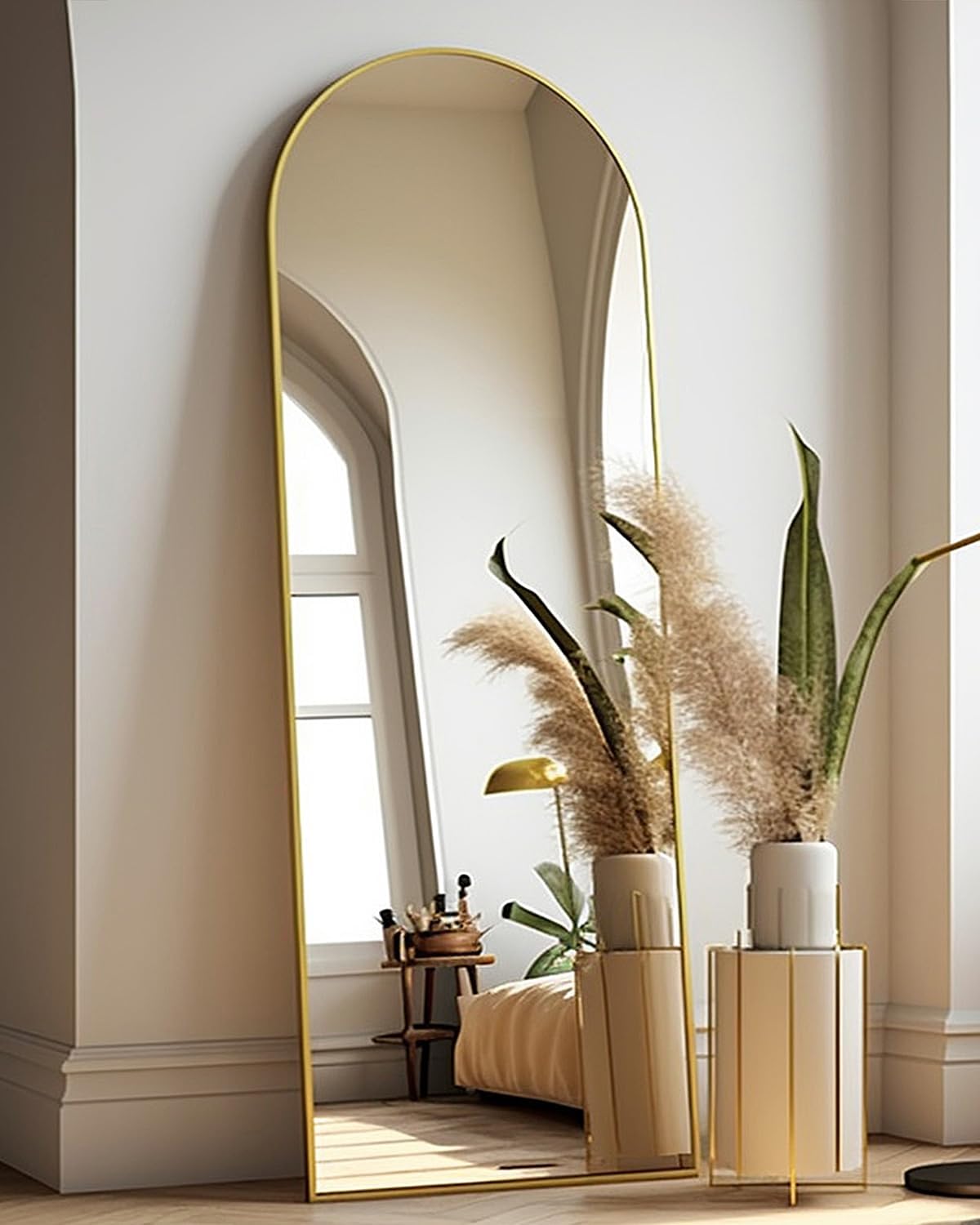 Full Length Mirror 64"×21", Arched Floor Mirror, Full Body Mirror, Freestanding, Aluminum Alloy Frame, Wall Mirror for Bedroom, Dressing Room,Gold