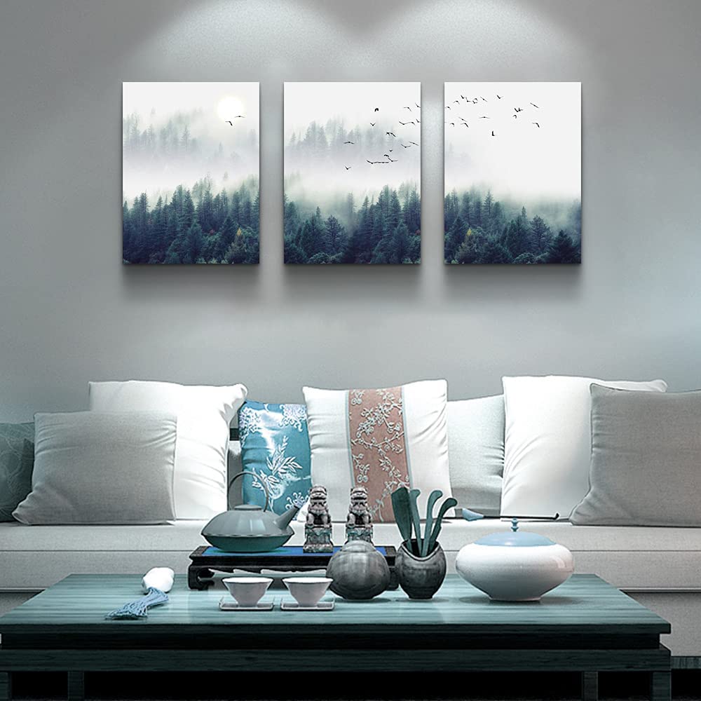 3 Piece Canvas Wall Art for Living Room- Wall Decorations for Bedroom Foggy Forest Trees Landscape Painting- Modern Home Decor Stretched and Framed Ready to Hang Pictures- 12"X16"X3 Panels Wall Decor