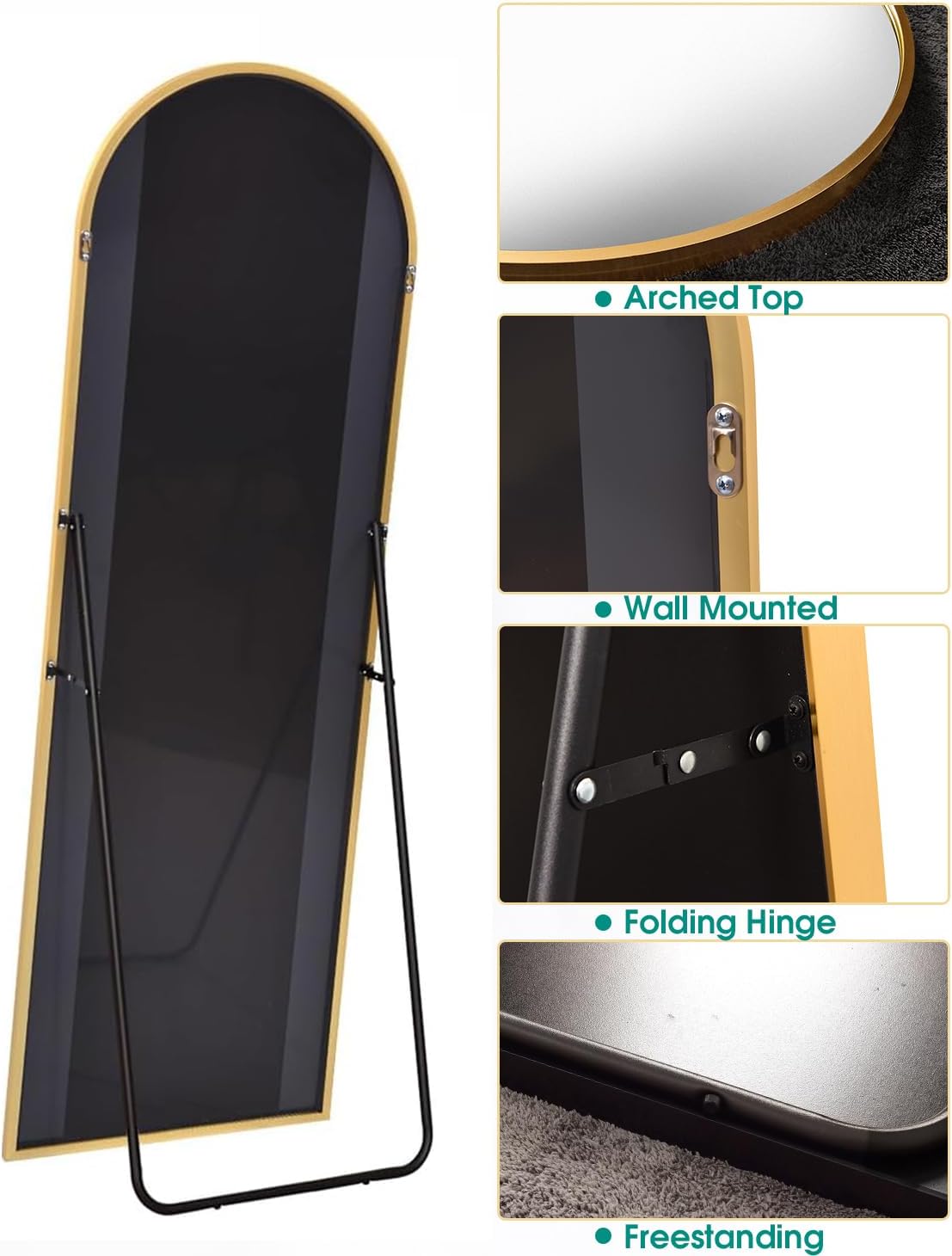 Full Length Mirror 64"×21", Arched Floor Mirror, Full Body Mirror, Freestanding, Aluminum Alloy Frame, Wall Mirror for Bedroom, Dressing Room,Gold