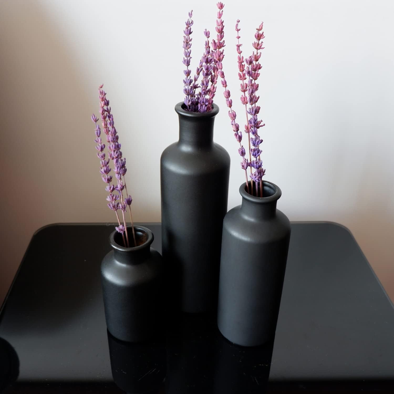 Matte Black Ceramic Vase Set, 3 Small Rustic Decorative Vases for