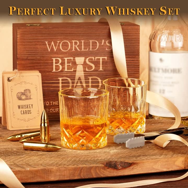 Gifts for Dad Men Christmas, Dad Birthday Gifts from Daughter Son Wife, Engraved World'S Best Dad Whiskey Stones Glasses Set, Cool Bourbon Scotch Cocktail Set Gifts Stocking Stuffers