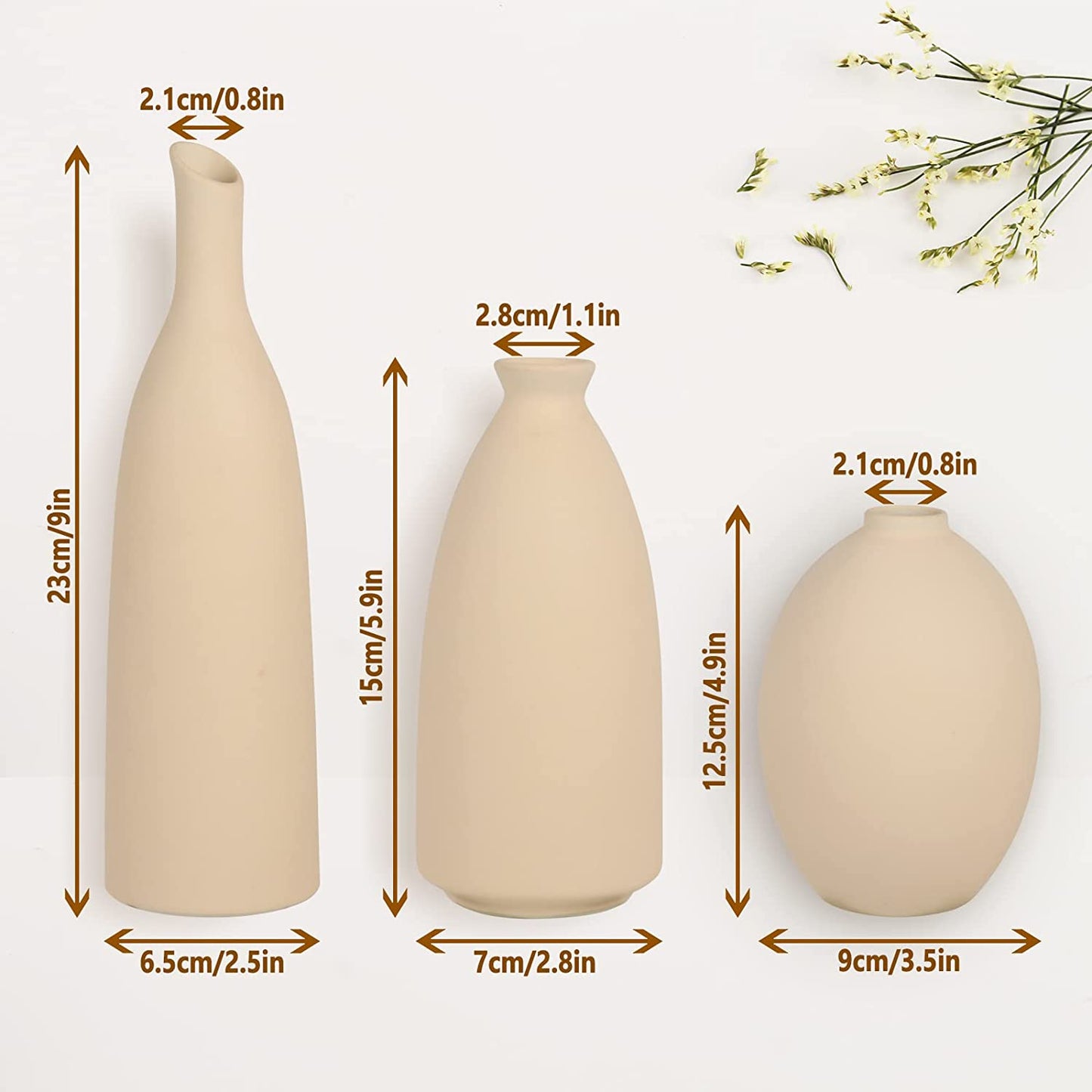 Ceramic Vase for Decor, Small Pampas Grass Flower Vases for Dining Table, Entryway, Shelf, Mantle, Centerpieces, Boho Living Room, Modern Farmhouse and Neutral Home Decor - Beige, Set of 3