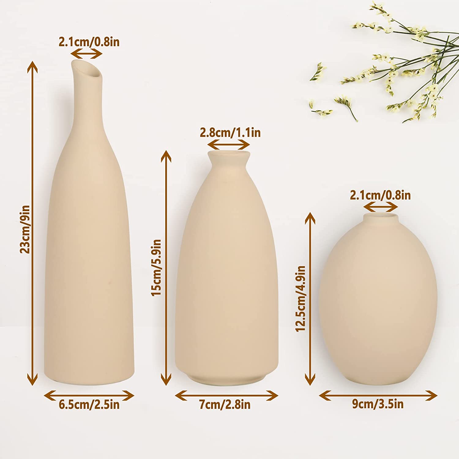 Ceramic Vase for Decor, Small Pampas Grass Flower Vases for Dining Table, Entryway, Shelf, Mantle, Centerpieces, Boho Living Room, Modern Farmhouse and Neutral Home Decor - Beige, Set of 3