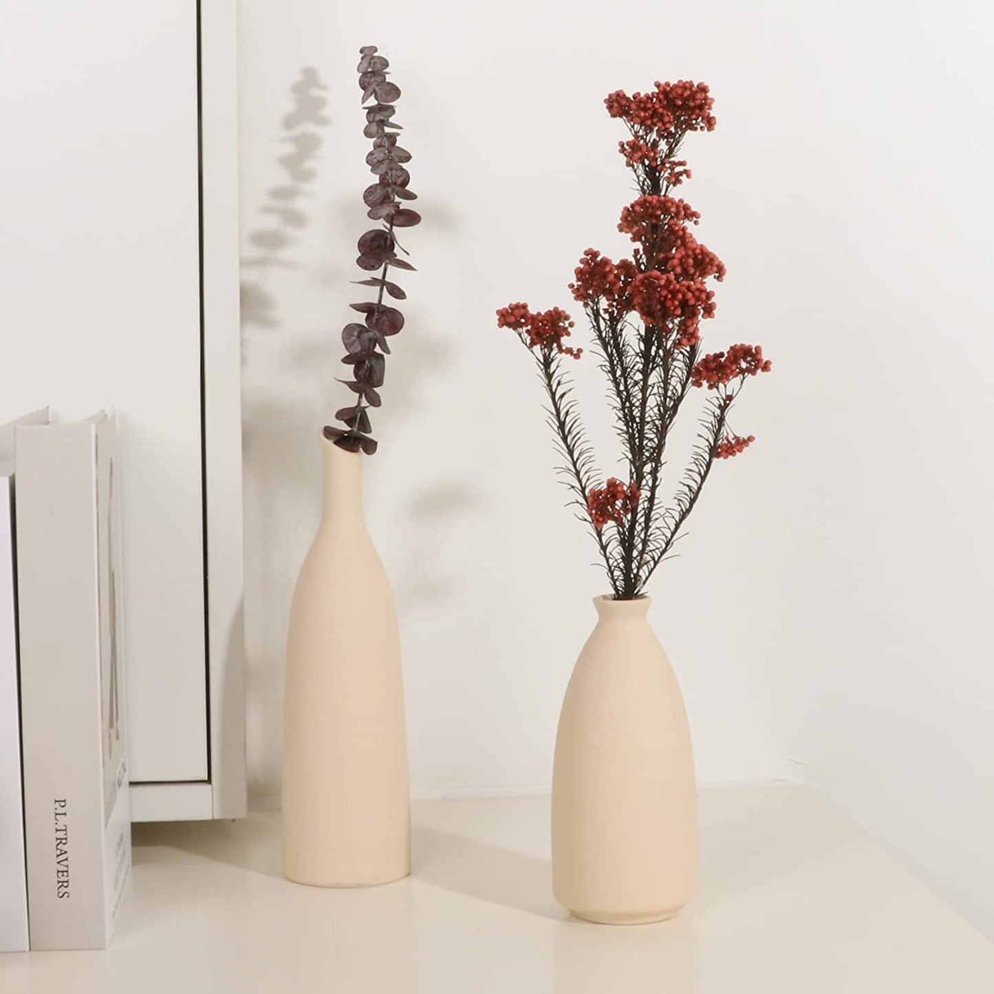 Ceramic Vase for Decor, Small Pampas Grass Flower Vases for Dining Table, Entryway, Shelf, Mantle, Centerpieces, Boho Living Room, Modern Farmhouse and Neutral Home Decor - Beige, Set of 3