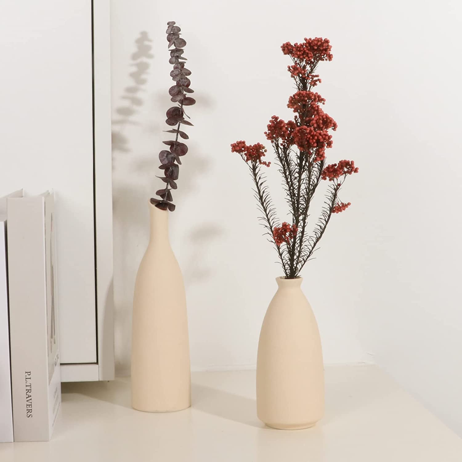 Ceramic Vase for Decor, Small Pampas Grass Flower Vases for Dining Table, Entryway, Shelf, Mantle, Centerpieces, Boho Living Room, Modern Farmhouse and Neutral Home Decor - Beige, Set of 3