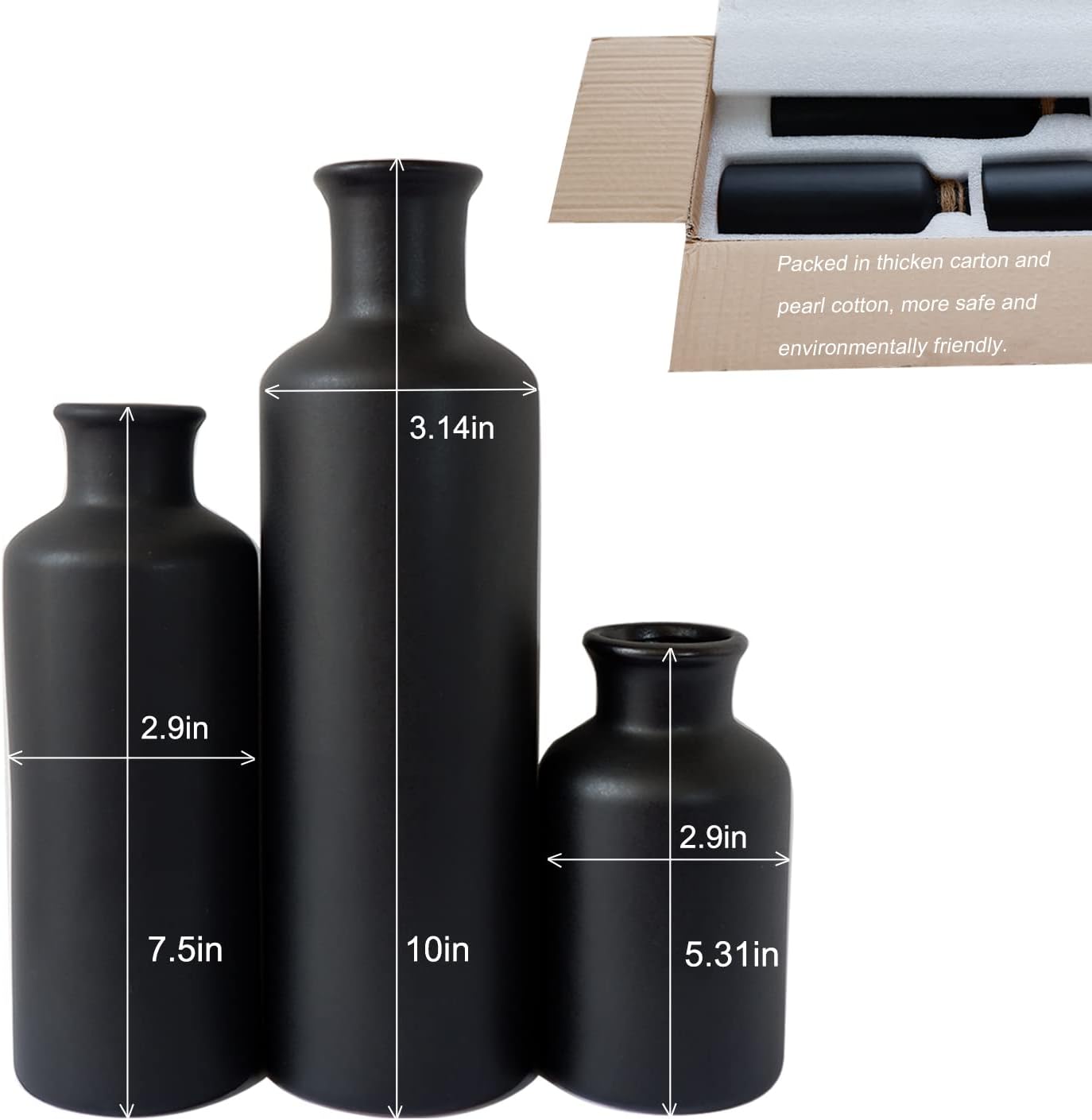 Matte Black Ceramic Vase Set, 3 Small Rustic Decorative Vases for Modern Farmhouse Office Home Decor, Living Room Centerpieces Decoration, Flower Vases for Table Mantel Entryway Shelves Decor