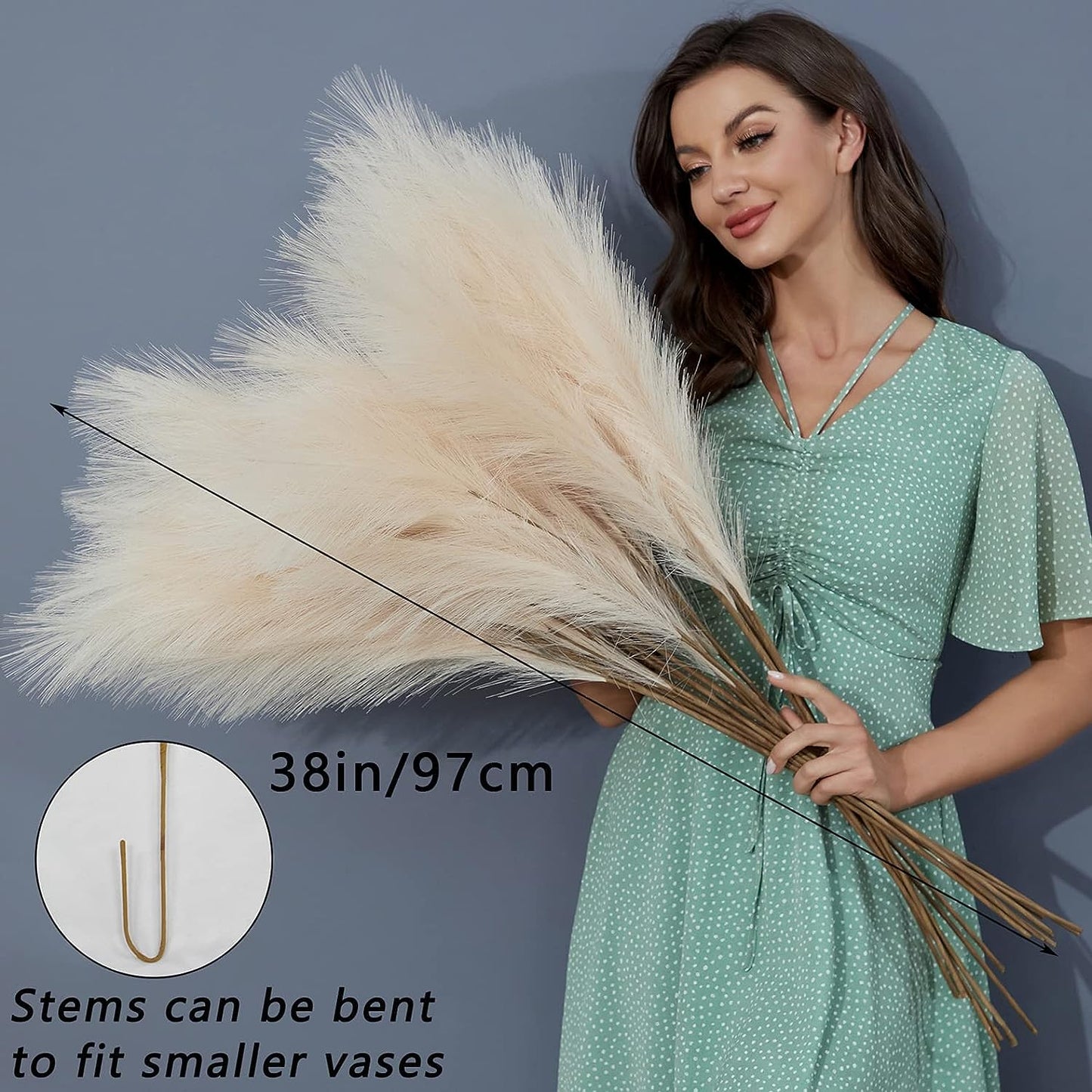 8 PCS Faux Pampas Grass Decor 38"/3.1FT Tall Fake Pompas Floral Large Artificial Pompous Grass Branches Plants for Floor Vase Filler Home Boho Decoration (Cream/Beige)