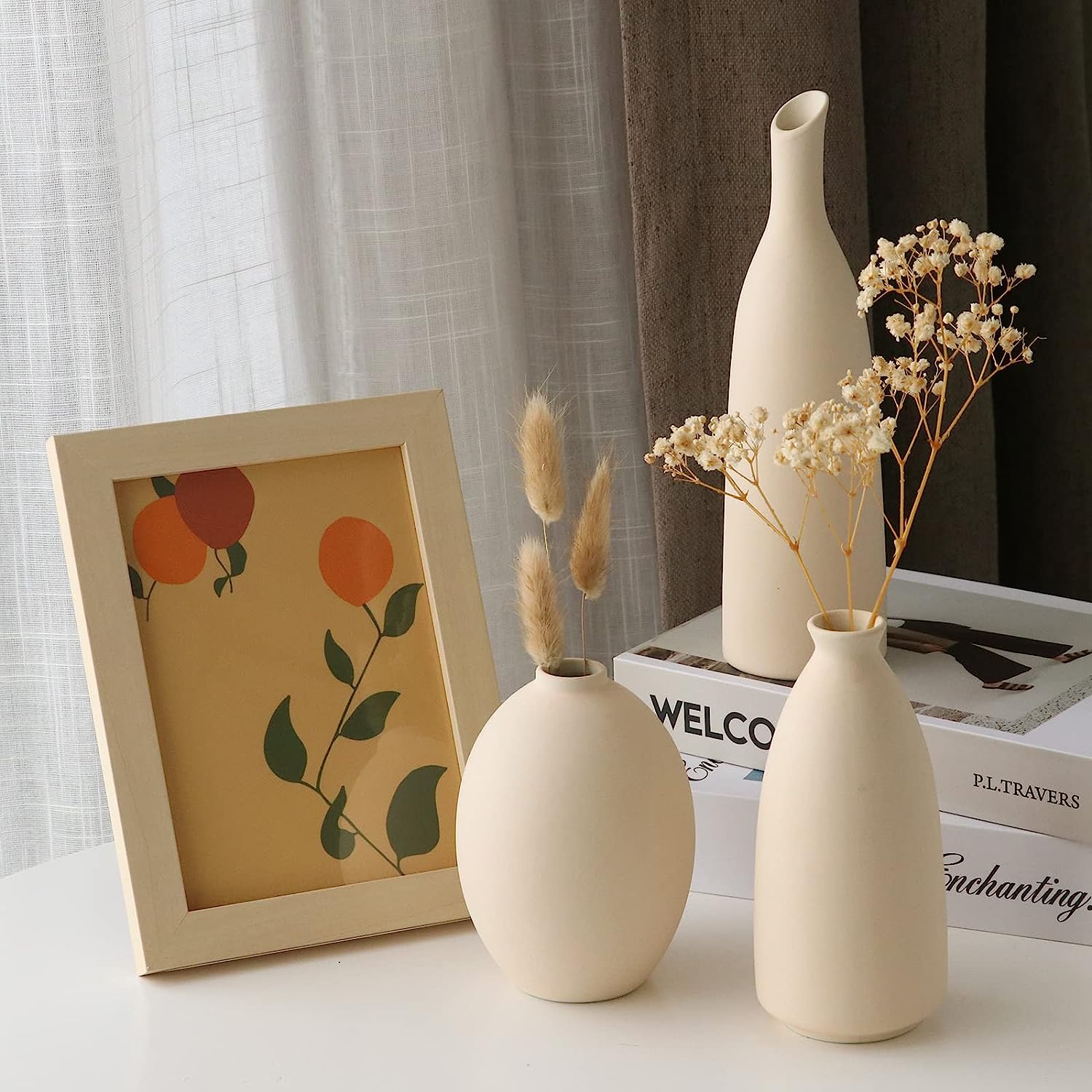 Ceramic Vase for Decor, Small Pampas Grass Flower Vases for Dining Table, Entryway, Shelf, Mantle, Centerpieces, Boho Living Room, Modern Farmhouse and Neutral Home Decor - Beige, Set of 3