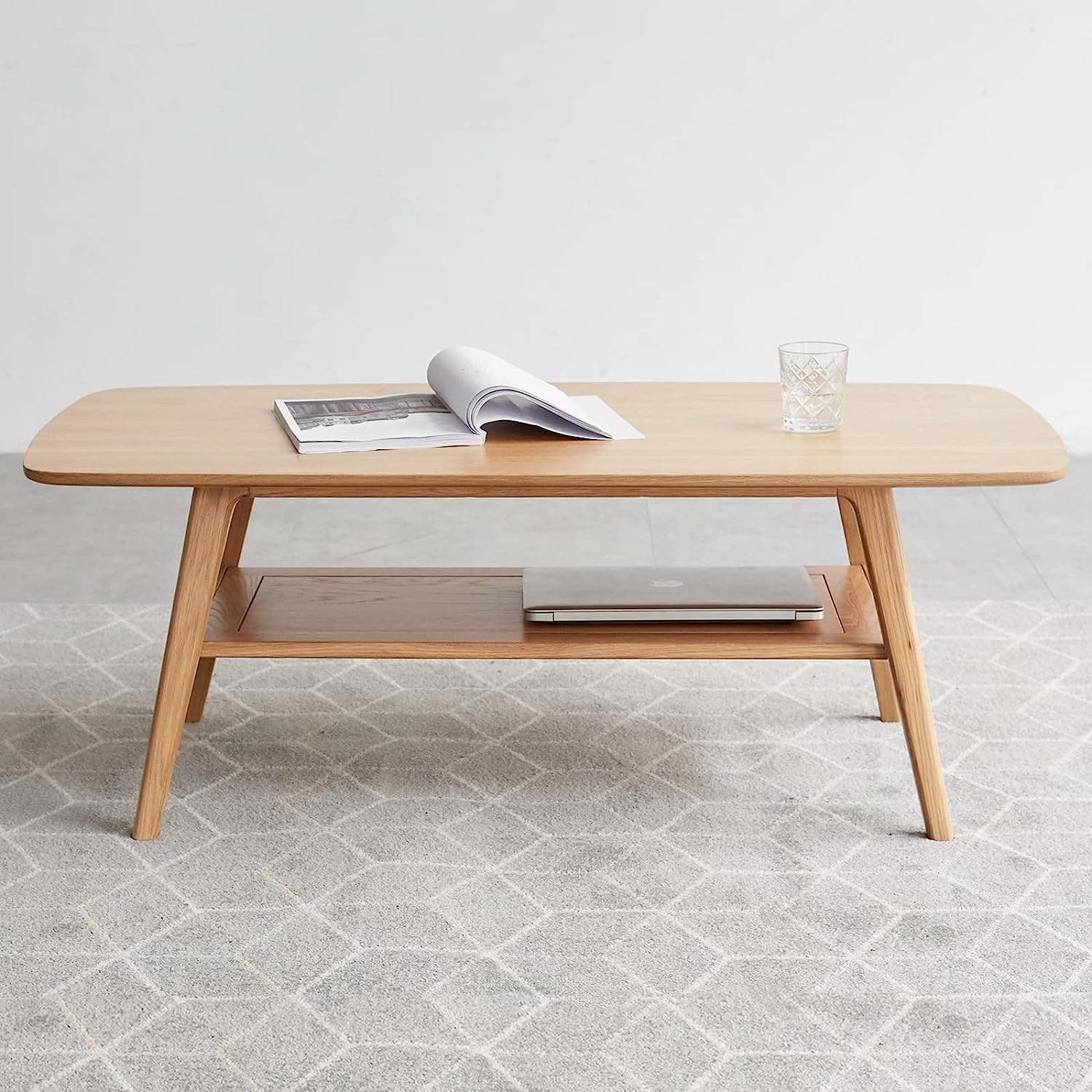Mid-Century Modern 2-Tier Coffee Table with Storage Shelf, Natural Color 100% Solid Wood Table for Living Room, Elegant Furniture for Small Apartment (Natural, 39.37“ X 19.69” X 17.32“)