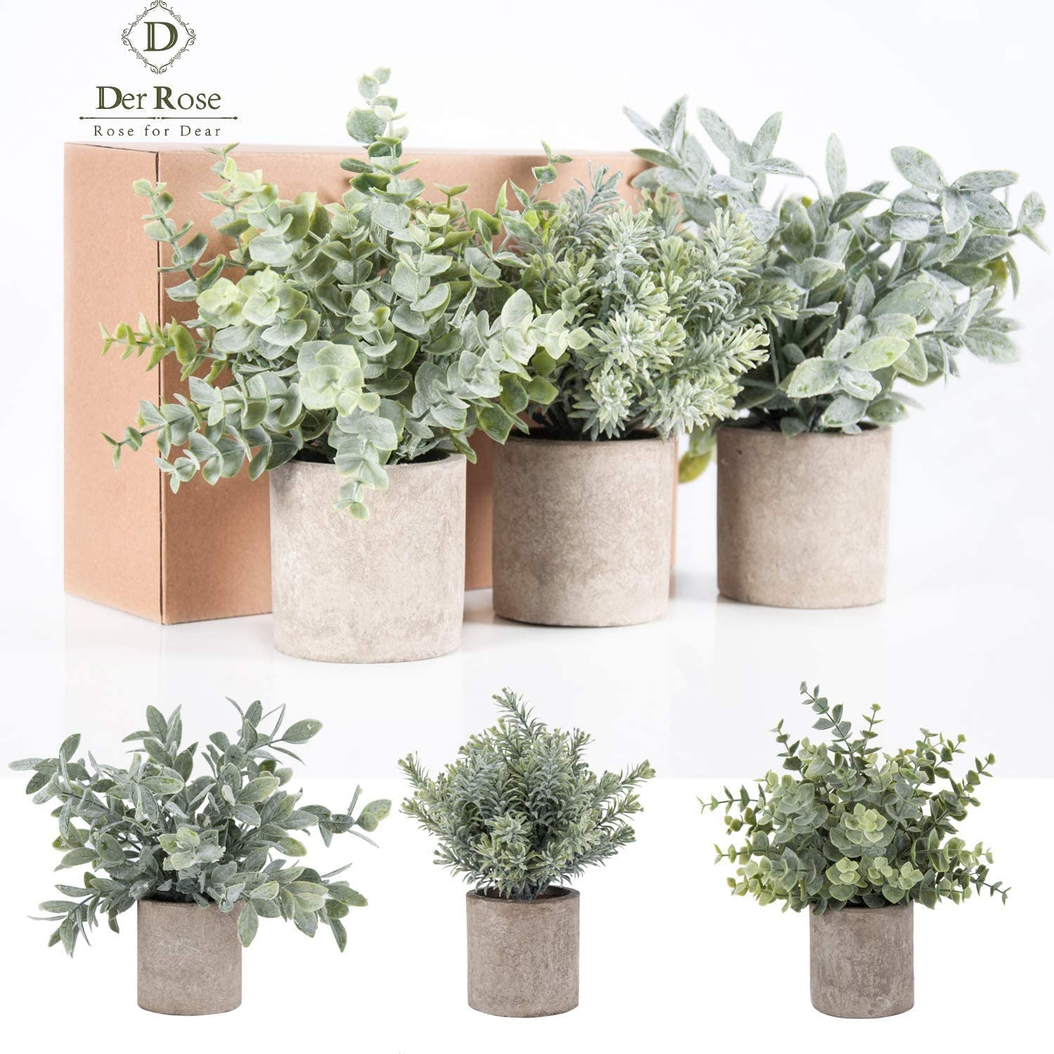 3 Pack Mini Potted Fake Plants Artificial Plastic Eucalyptus Plants for Home Office Desk Farmhouse Room Decor