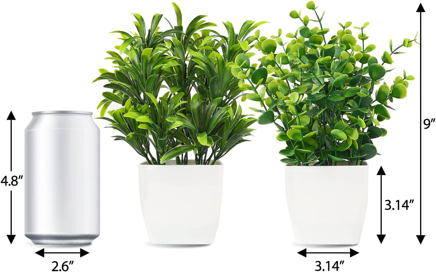 2Pcs Small Fake Plants in White Planters, Artificial Plants for Home Decor Indoor, Plastic Eucalyptus Plants for Office Desk Bathroom Bedroom Greenery Decoration