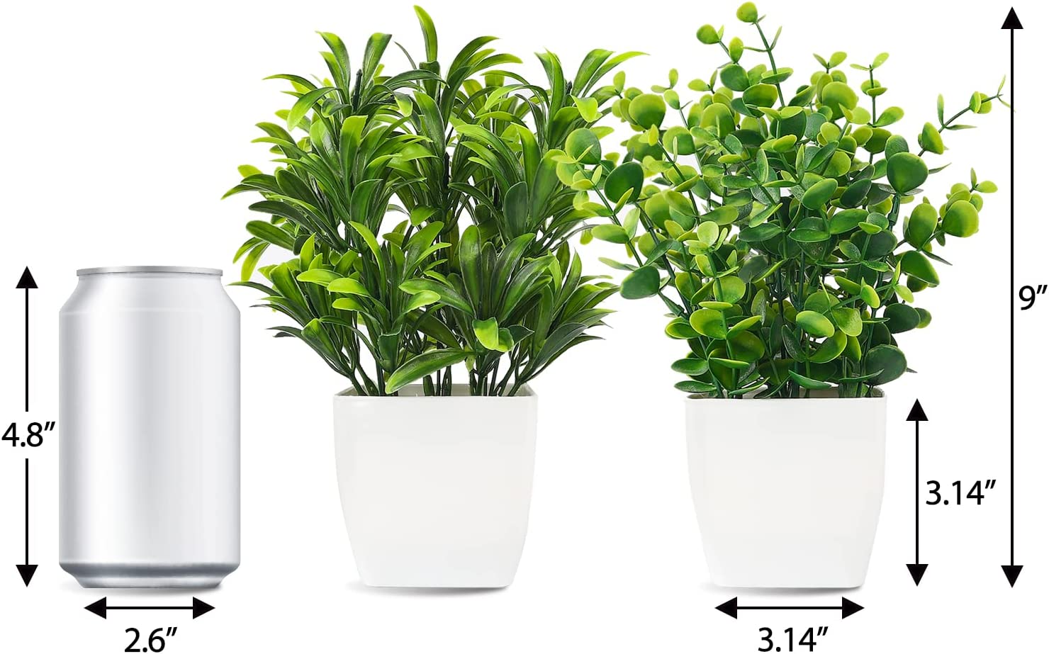2Pcs Small Fake Plants in White Planters, Artificial Plants for Home Decor Indoor, Plastic Eucalyptus Plants for Office Desk Bathroom Bedroom Greenery Decoration