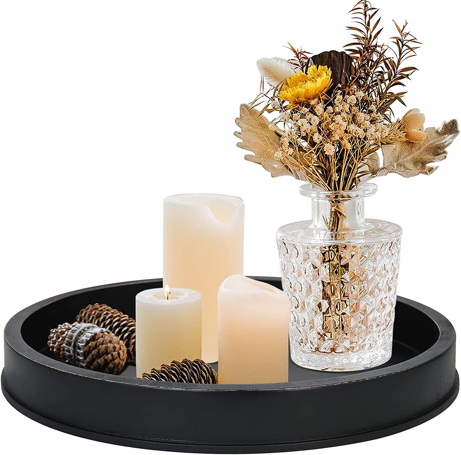 Black Decorative Tray for Coffee Table Centerpieces,Black round Decorative Serving Tray,Wood Tray Decor Modern Farmhouse Home Decorations round Coffee Table Tray Farmhouse Kitchen Countertop…