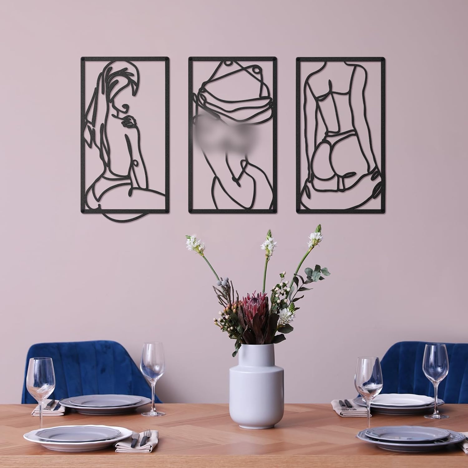 3 Pcs Modern Minimalist Wall Decor Abstract Line Art Wall Decor Woman Body Shape Art Print Decor Line Drawing Metal Wall Art for Living Room Bedroom Wall (Black,Classic Style)