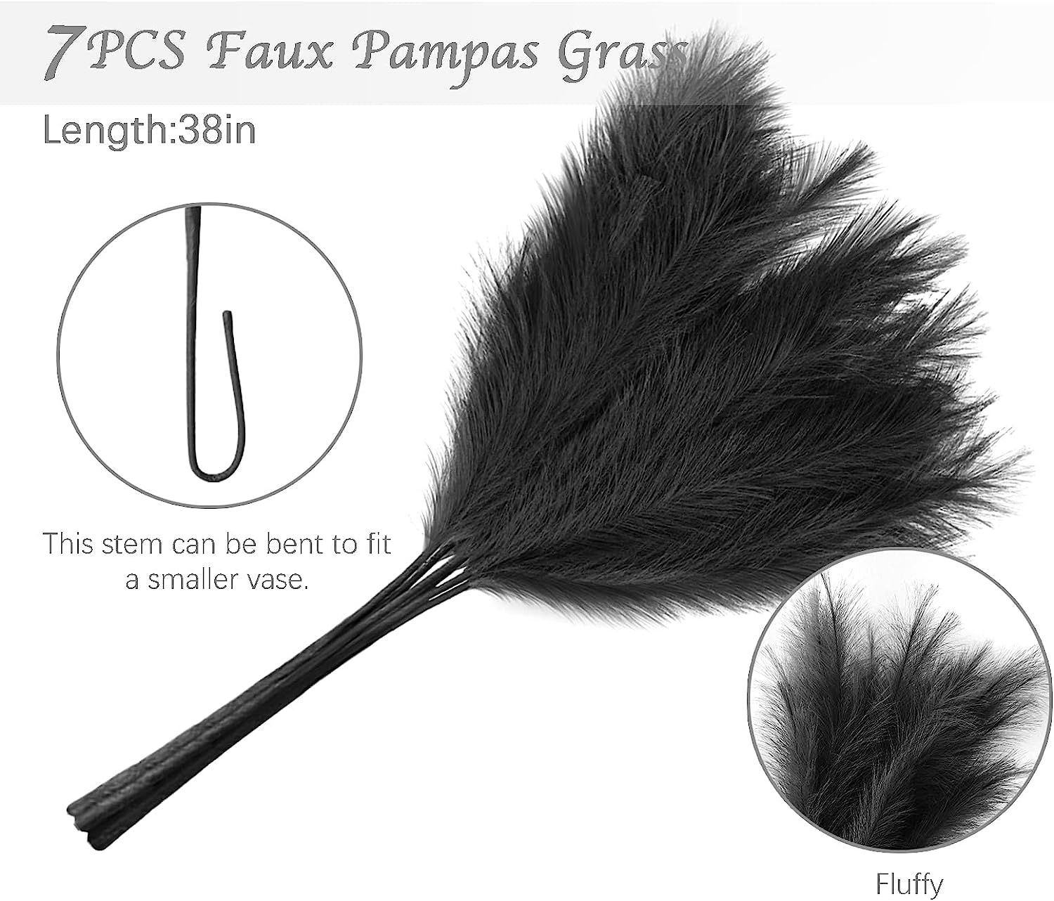 7-Pcs 38"/3.1FT Faux Pampas Grass Large Tall Fluffy Artificial Fake Flower Boho Decor Bulrush Reed Grass for Vase Filler Farmhouse Home Wedding Decor (Black)