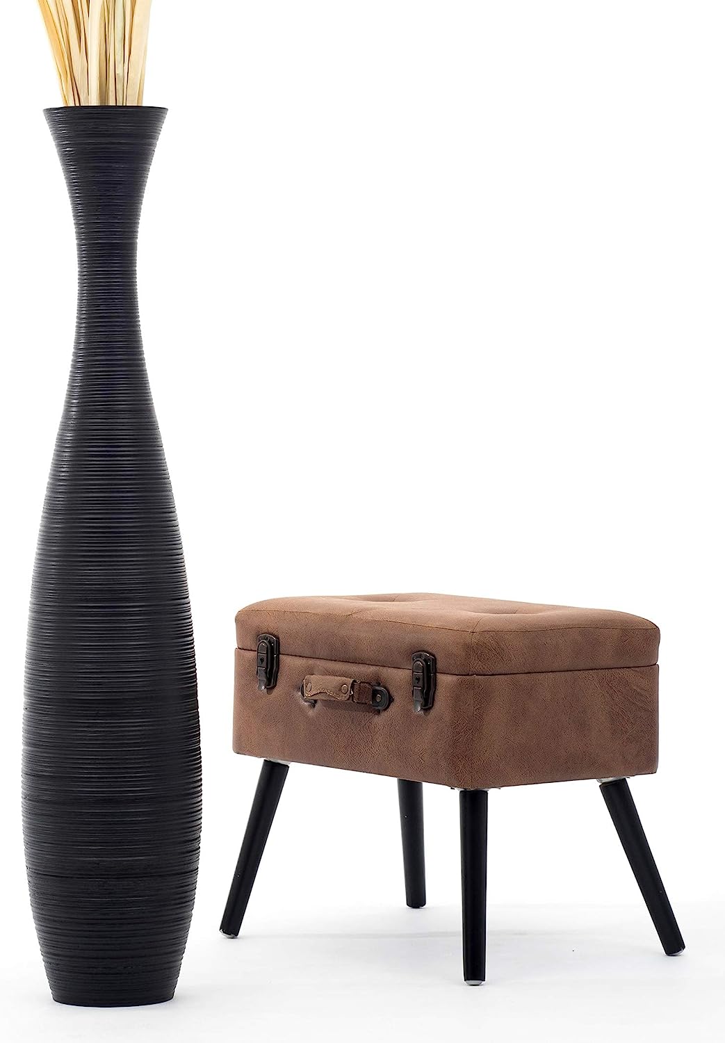 Large Floor Vase – Handmade Flower Holder Made of Wood, Sophisticated Vessel for Decorative Branches and Dried Flowers, 43 Inches, Black