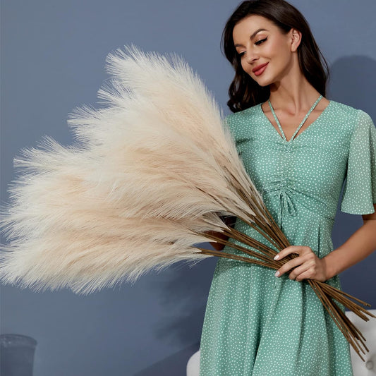 8 PCS Faux Pampas Grass Decor 38"/3.1FT Tall Fake Pompas Floral Large Artificial Pompous Grass Branches Plants for Floor Vase Filler Home Boho Decoration (Cream/Beige)