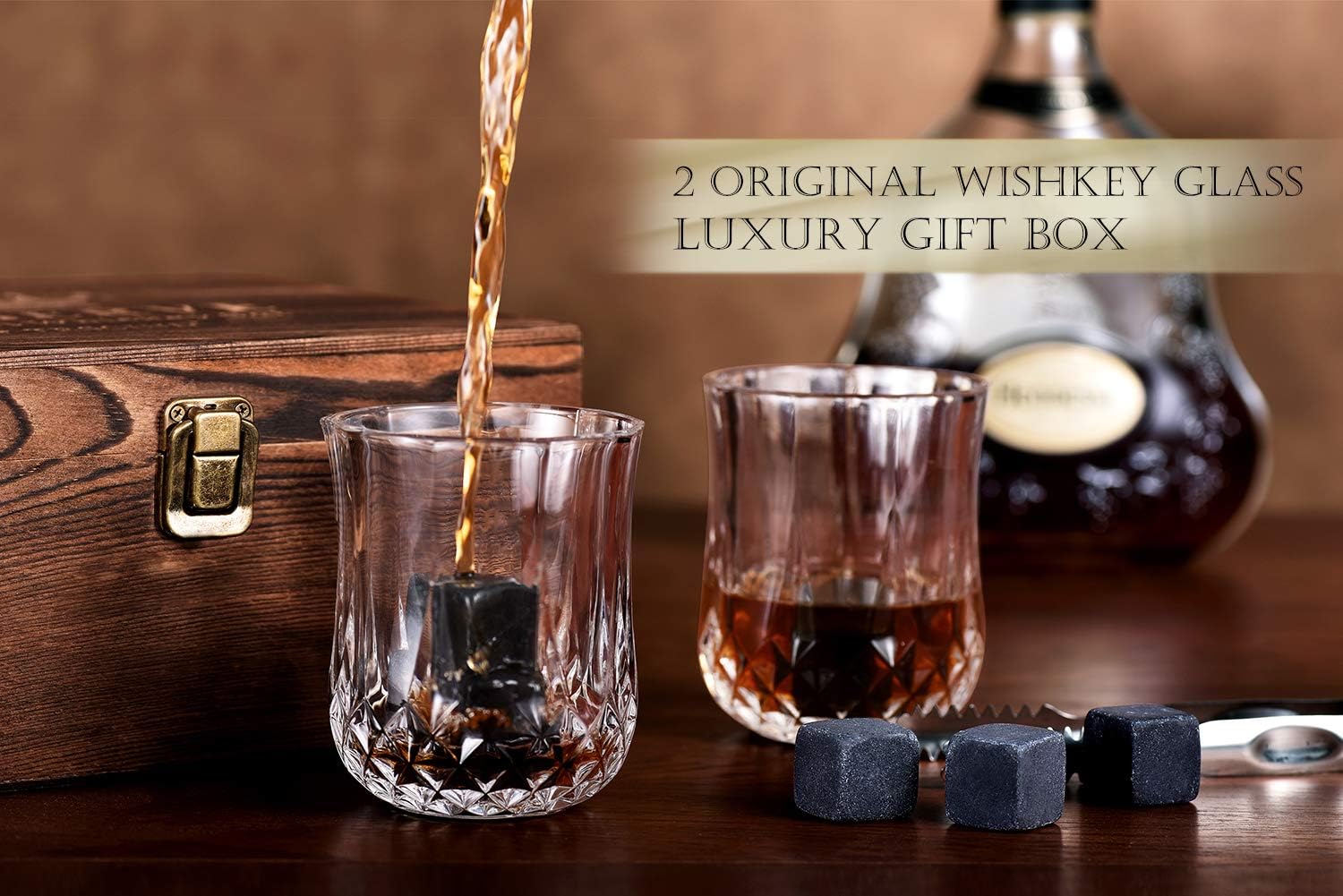 Gifts for Men Women, Whiskey Stones Set with Glasses, Drinking Gifts for Dad Husband Him, Ideas for Anniversary Birthday Wedding Housewarming, Unique Rocks Present for Liquor Bourbon Scotch
