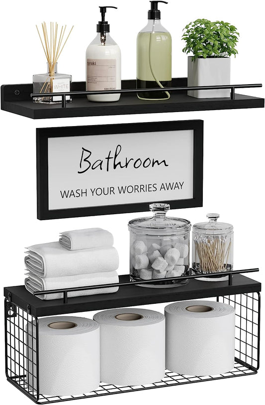 Floating Shelves with Bathroom Wall Décor Sign, Wood Floating Bathroom Shelves over Toilet with Toilet Paper Storage Basket Set of 3, Rustic Floating Shelf with Guardrail for Wall Décor–Black
