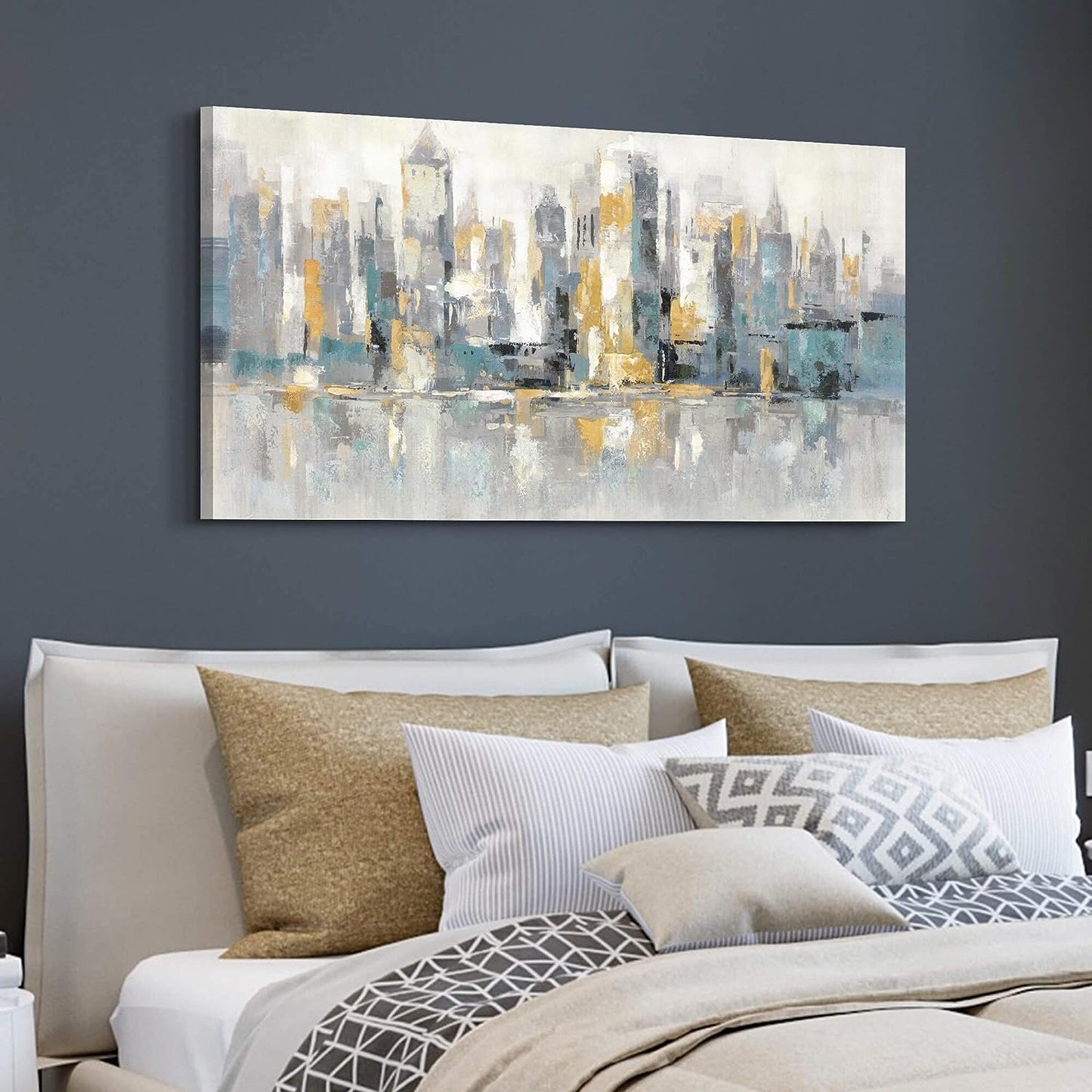 Canvas Wall Art City Painting: Living Room Modern Skyline Cityscape Picture Decor Abstract Urban Landscape Downtown Artwork Contemporary Skyscraper Scene Buildings Print Decor for Bedroom Home