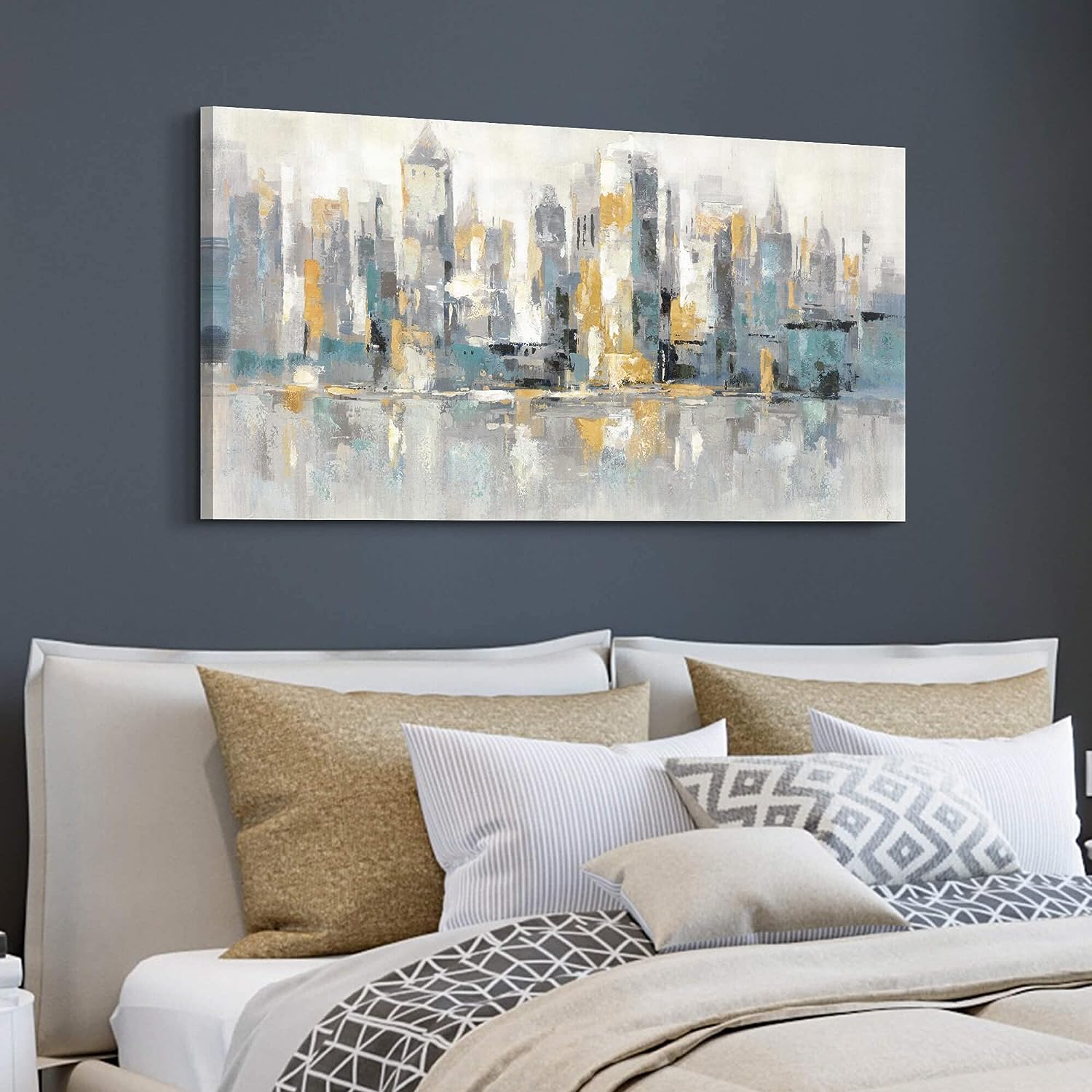 Canvas Wall Art City Painting: Living Room Modern Skyline Cityscape Picture Decor Abstract Urban Landscape Downtown Artwork Contemporary Skyscraper Scene Buildings Print Decor for Bedroom Home