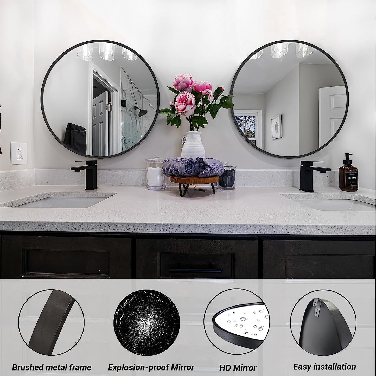 Black Circle Mirror, round Bathroom Mirror 20 Inch, round Wall Mirror Metal Frame, Circle Mirrors for Bathroom, Vanity, Bedroom, Hallway.