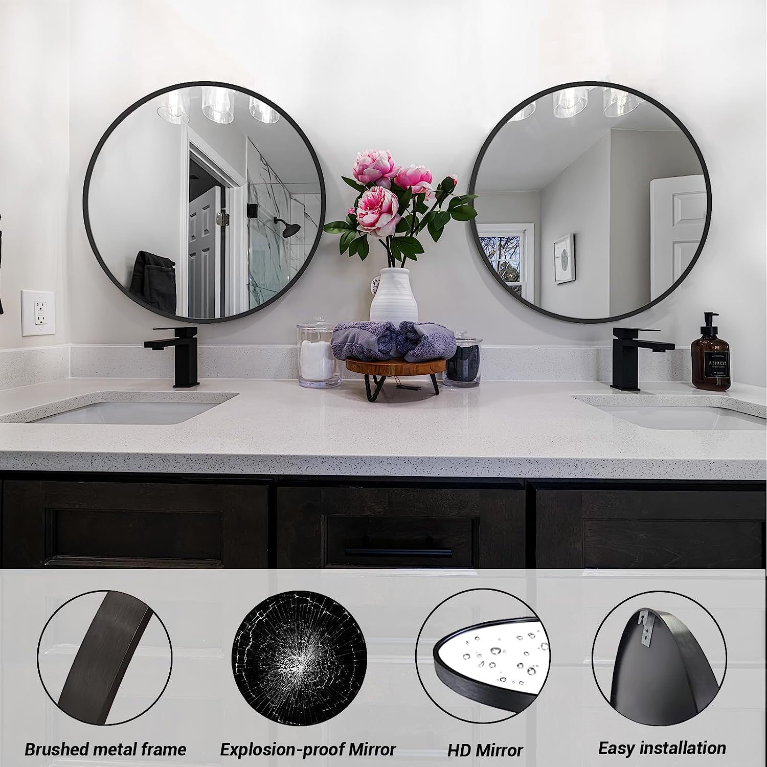 Black Circle Mirror, round Bathroom Mirror 20 Inch, round Wall Mirror Metal Frame, Circle Mirrors for Bathroom, Vanity, Bedroom, Hallway.