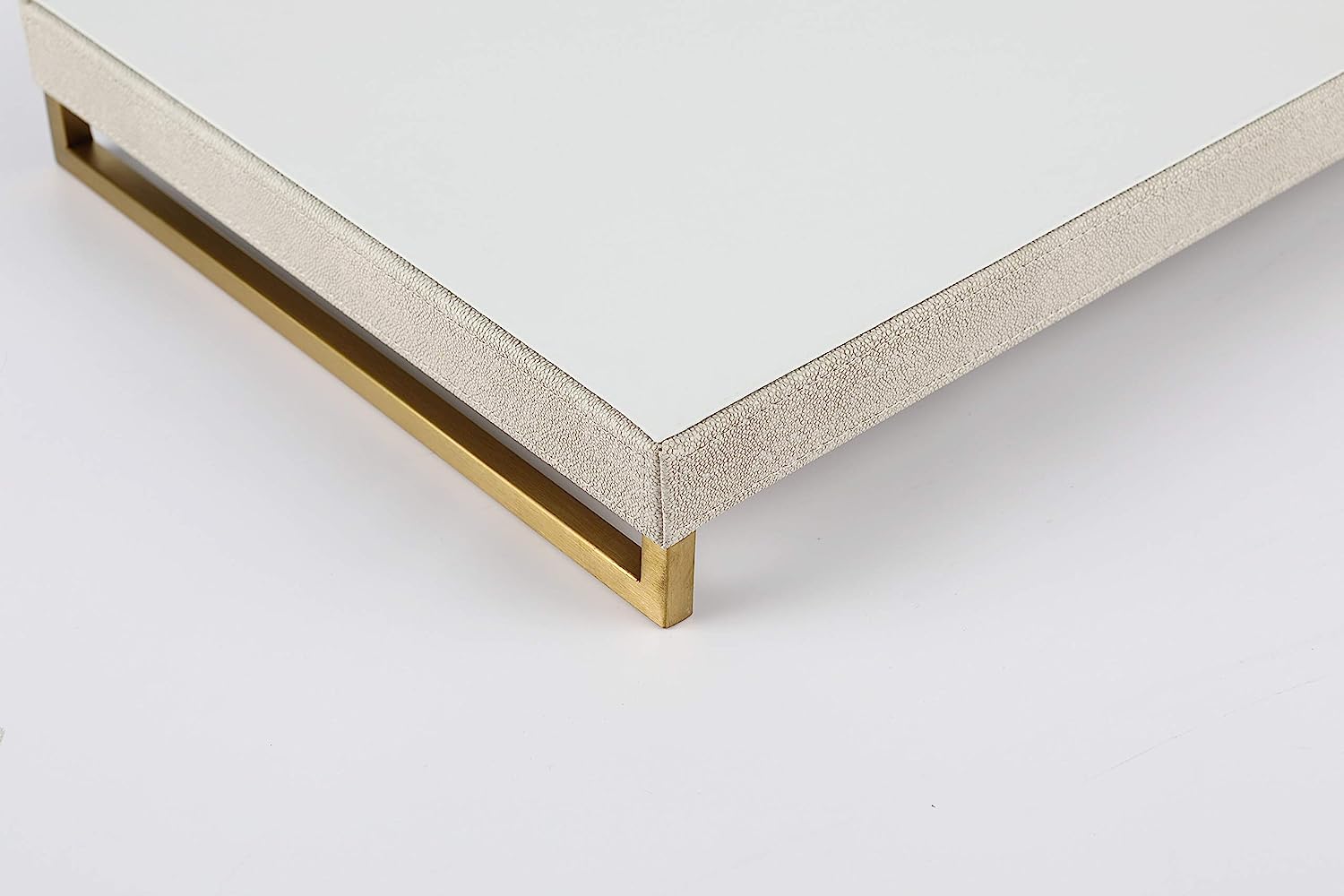WV Ivory Faux Shagreen Decorative Tray PU Leather with Brushed Gold Stainless Steel Handle for Coffee Table, Ottoman, Console Table （Ivory