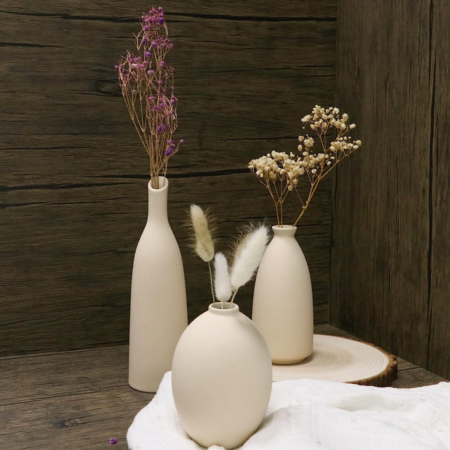 Ceramic Vase for Decor, Small Pampas Grass Flower Vases for Dining Table, Entryway, Shelf, Mantle, Centerpieces, Boho Living Room, Modern Farmhouse and Neutral Home Decor - Beige, Set of 3