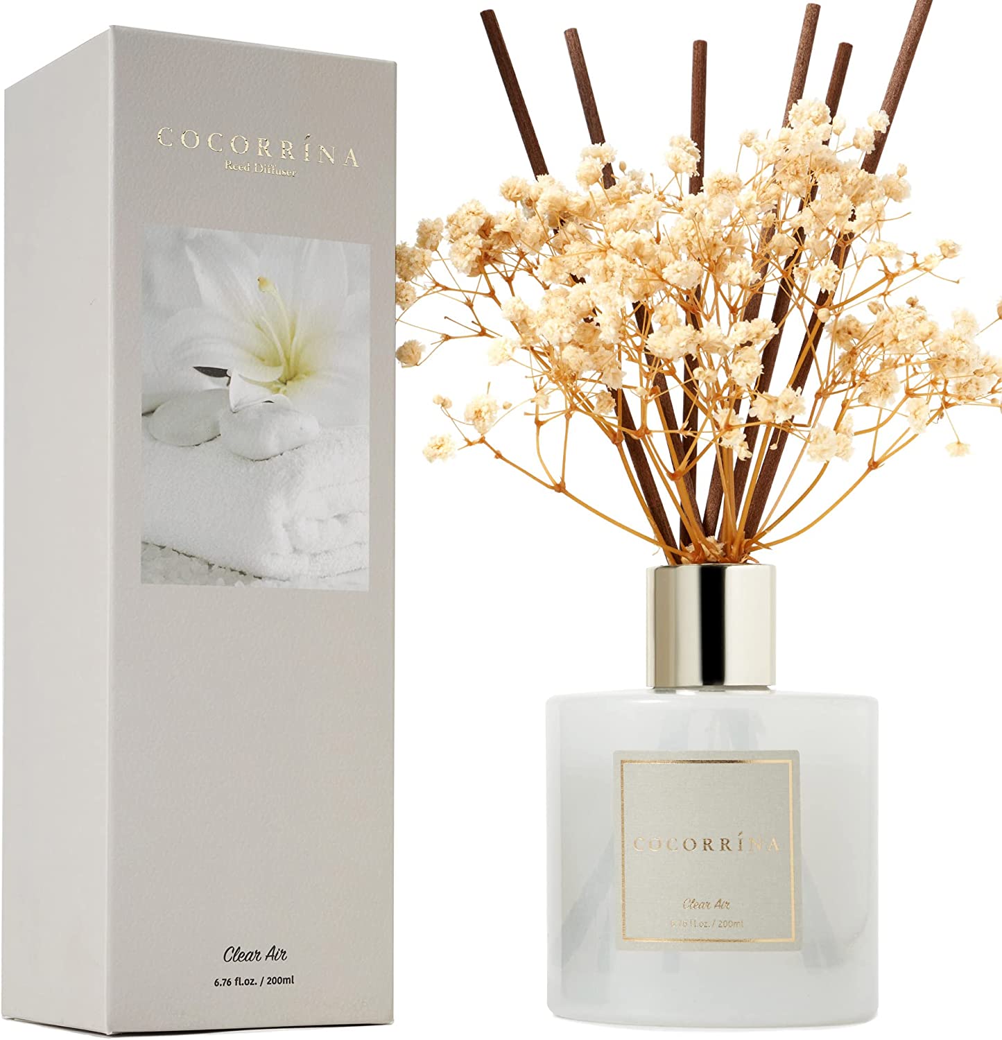 Cocorrína Premium Reed Diffuser Set with Preserved Baby'S Breath & Cotton Stick Sandalwood Rose | 6.7Oz Scent Fragrance Oil Diffuser for Bedroom Bathroom Living Room Home Décor